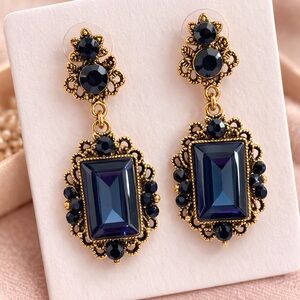 Vintage Style Navy Blue Crystal Statement Earrings | Gold Tone Ornate Drop